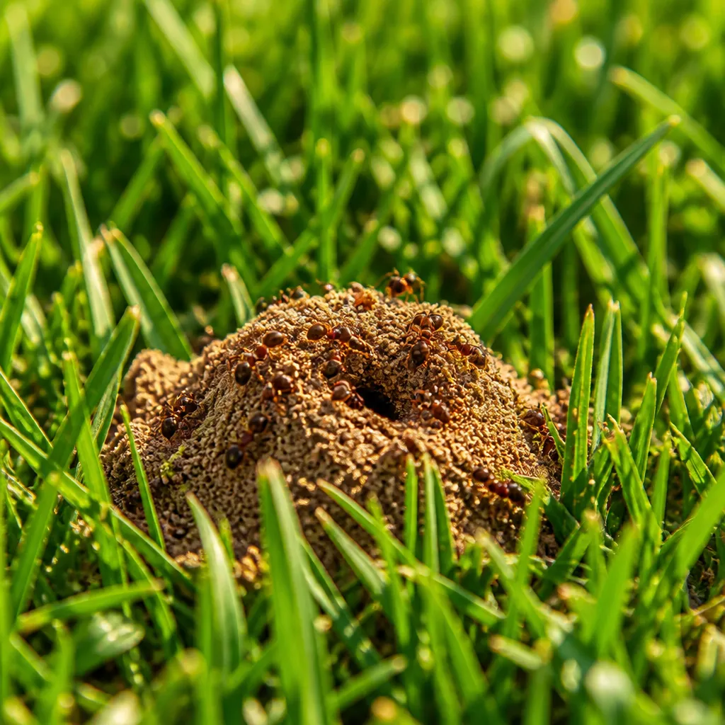 Ameisen im Rasen: Kleiner Ameisenhügel in dichtem grünem Gras im Sommer