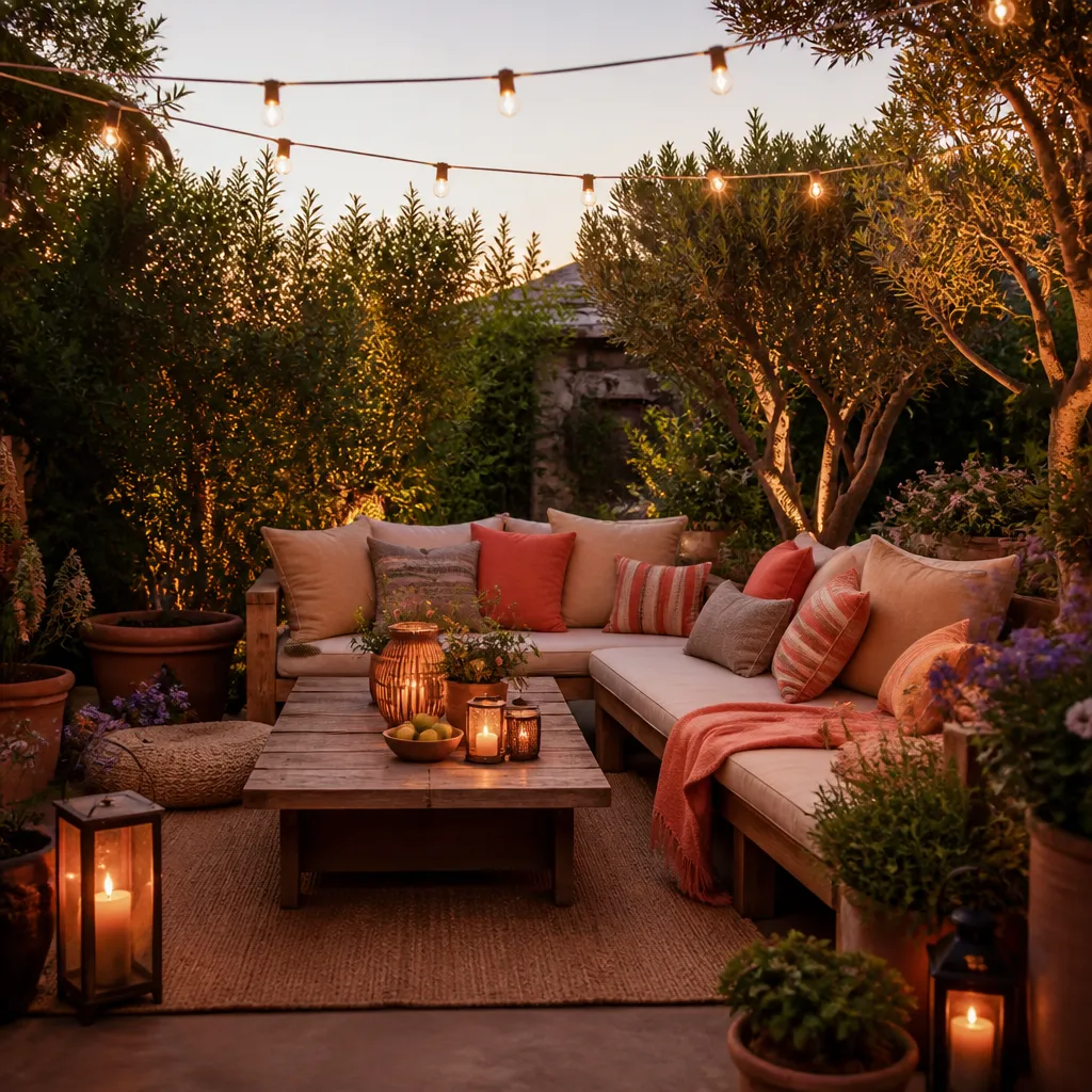 Urlaub im Garten: gemütliche Outdoor-Lounge mit Lichterketten, Holzmöbeln und warmem Kerzenlicht im Abendlicht